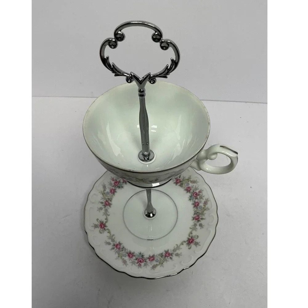 Tiered Stand Unisex OS White Floral Silver Rim 2-Tier Teacup Saucer Upcycle‎